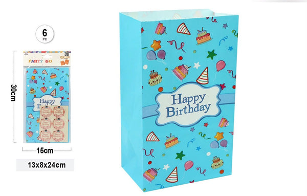 Sacchetti regalo happy birthday azzurri con adesivi – 6 pezzi – 13 × 8 × 24 cm