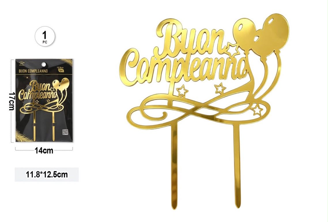 CAKE TOPPER BUON COMPLEANNO ORO CON PALLONCINI E STELLE – 11,8 × 12,5 CM
