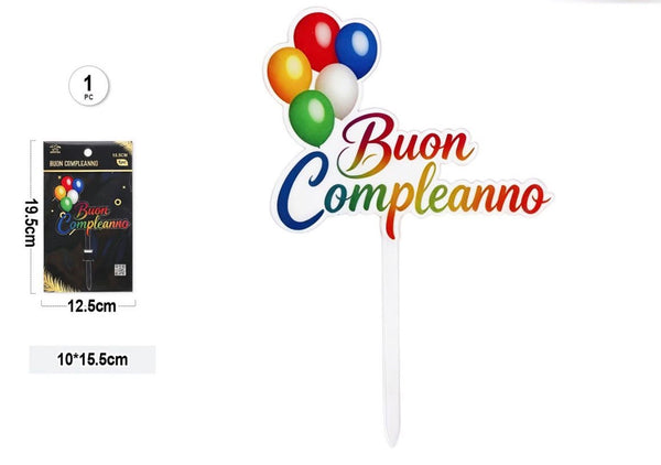 Cake topper buon compleanno multicolore con palloncini – 10 × 15,5 cm