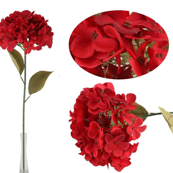 Ortensia artificiale rossa con stelo e foglie – h 70 cm