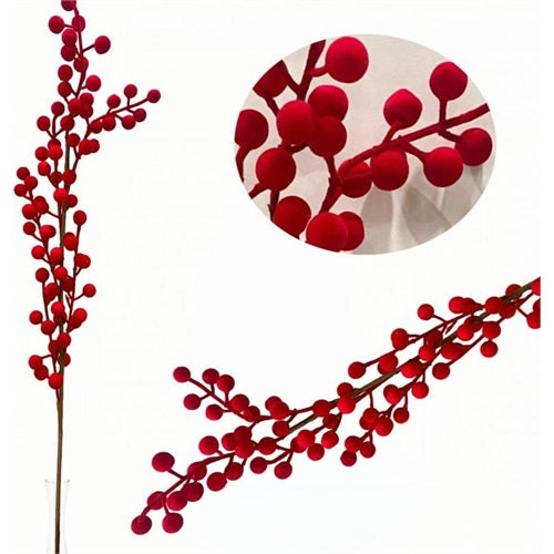 Ramo natalizio decorativo con bacche rosse vellutate – h 67 cm