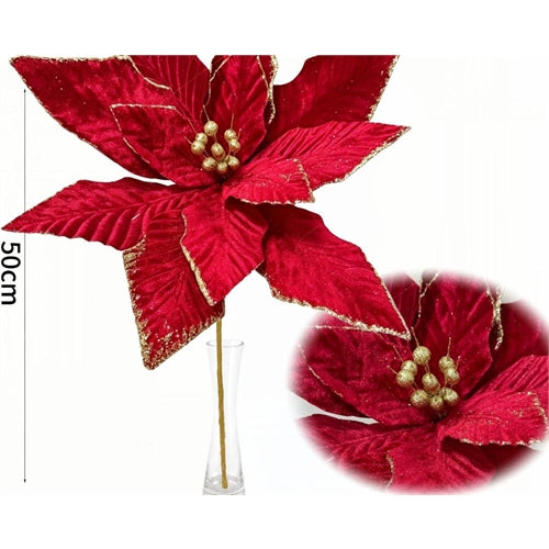 Stella di natale artificiale rossa in velluto con bordi oro glitterati – h 50 cm