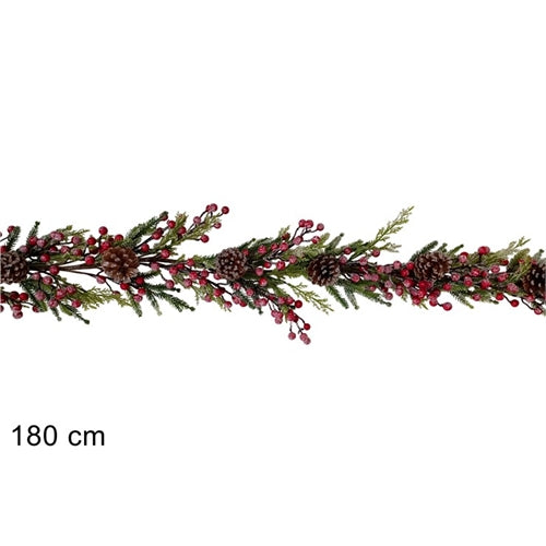 Ghirlanda natalizia con bacche rosse, pigne e rami di pino – 180 cm