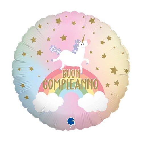 Mylar tondo buon compleanno unicorno 18"