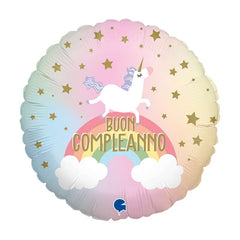 Mylar tondo buon compleanno unicorno 18"