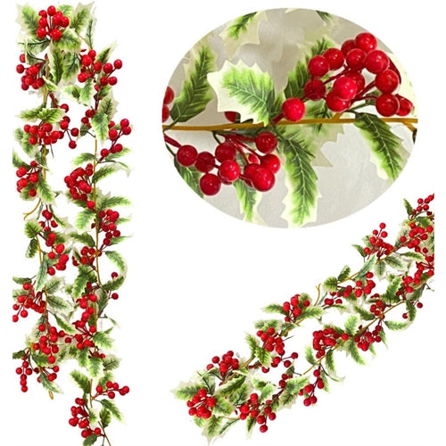 Ghirlanda natalizia di agrifoglio variegato con bacche rosse – 190 cm