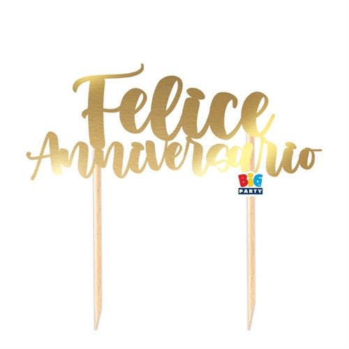 Cake topper felice anniversario in carta oro