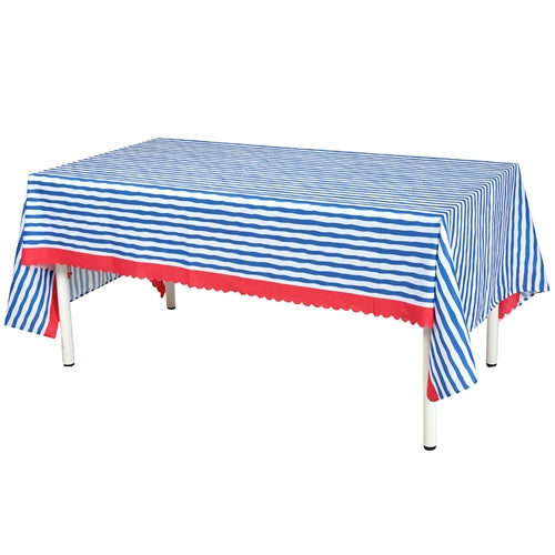Tovaglia a righe blu e bianche con bordo rosso – 145 × 240 cm