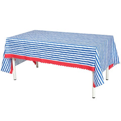 Tovaglia a righe blu e bianche con bordo rosso – 145 × 240 cm