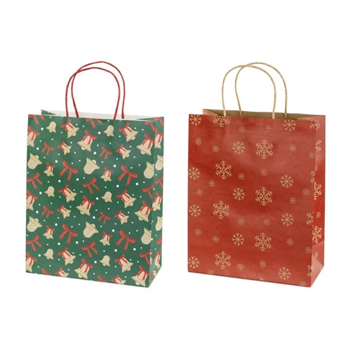 Sacchetti regalo fiocchi di neve e campanelle, 13x21x8 cm, rosso e verde
