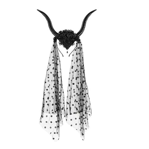 Cerchietto con corna da diavolo e tulle, 30x76 cm, nero