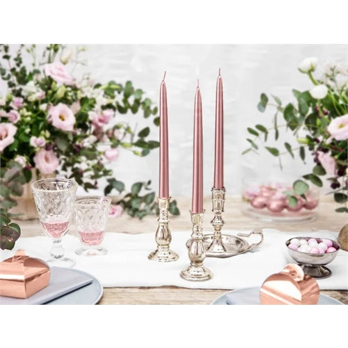 Candele coniche a stelo, metalliche, color rosa gold, 24 cm