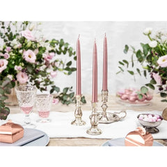 Candele coniche a stelo, metalliche, color rosa gold, 24 cm