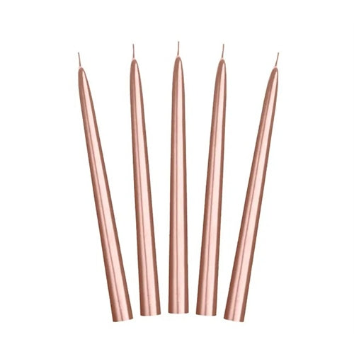 Candele coniche a stelo, metalliche, color rosa gold, 24 cm
