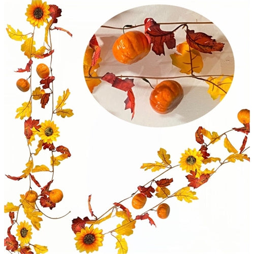 Ghirlanda autunnale con zucche, girasoli e foglie artificiali l.190 cm