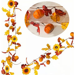 Ghirlanda autunnale con zucche, girasoli e foglie artificiali l.190 cm