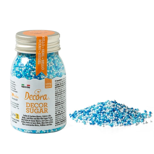 Perline di zucchero bianche, celesti e blu decora – 100 g