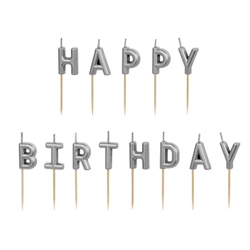 Candele di compleanno happy birthday, 2,5 cm, argento