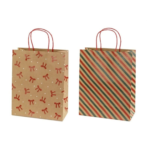 Sacchetti regalo a righe e fiocchi, 26x32,5x12 cm, carta kraft
