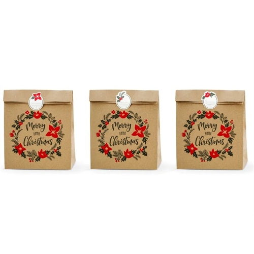 Sacchetti regalo merry little christmas, kraft, 25x11x27cm (1 confezione / 3 pezzi)