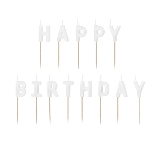 Candele di compleanno happy birthday, 2,5 cm, bianche (1 confezione / 13 pezzi)