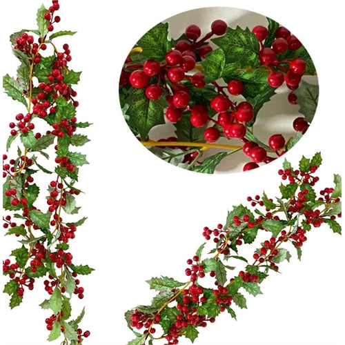 Ghirlanda natalizia di agrifoglio con bacche rosse – 190 cm