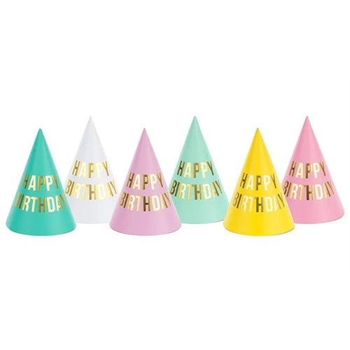 Cappellini da festa happy birthday, mix, 16 cm (1 confezione / 6 pezzi)