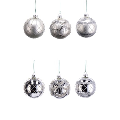 Palline di natale argento con decorazioni glitterate – ø 8 cm – 6 fantasie assortite