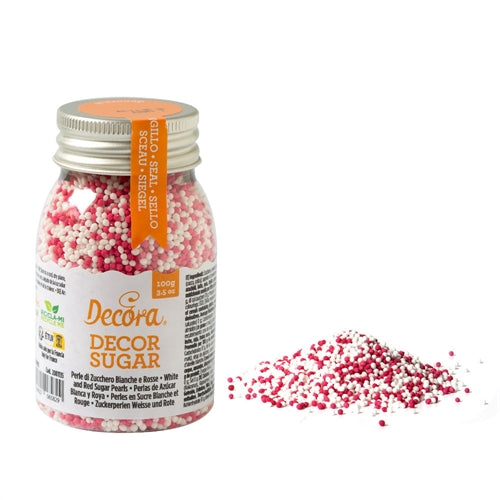 Perle di zucchero bianche e rosse decora – 100 g