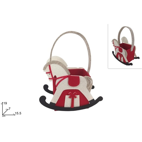 Cestino natalizio in feltro a forma di cavallo a dondolo – 15,5 x 7 x h 19 cm