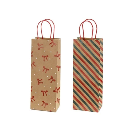 Sacchetti regalo a righe e fiocchi, 12,5x33,5x9 cm, carta kraft